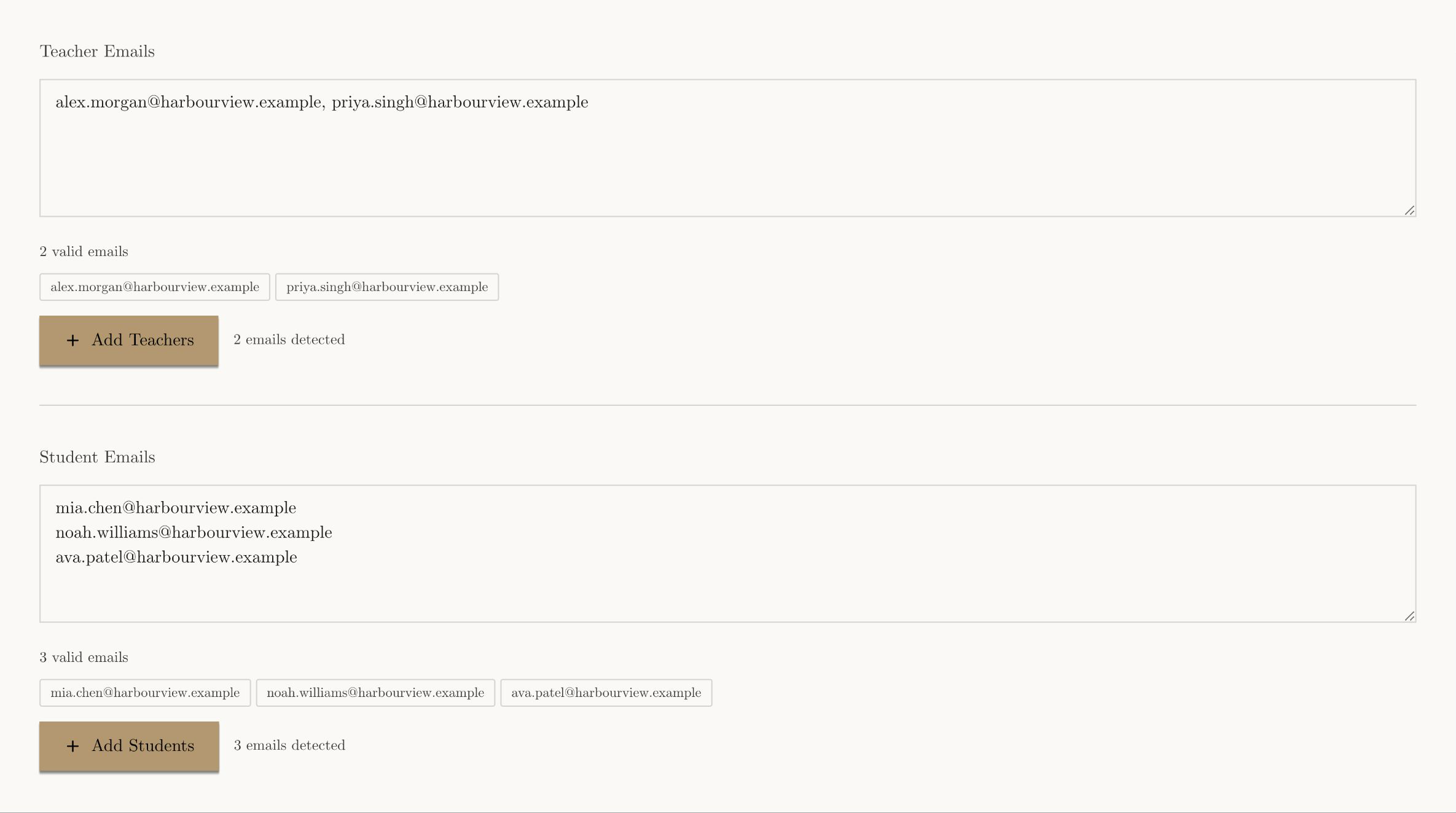 Light-mode Add Members screen with separate teacher and student email lists