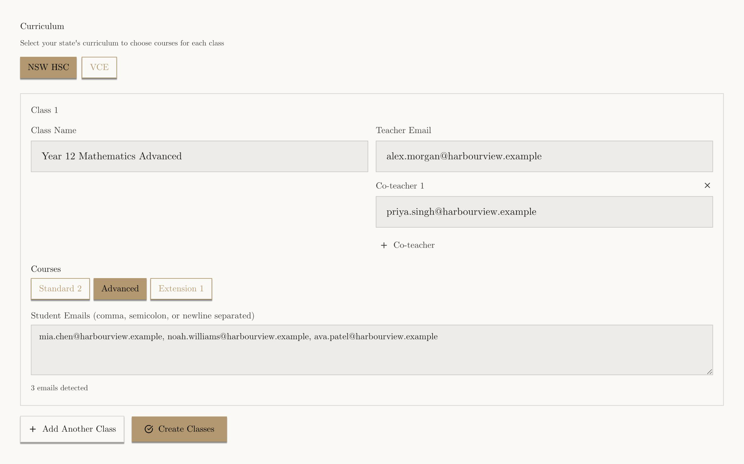 Light-mode Create Classes screen completed for a Year 12 Mathematics Advanced class