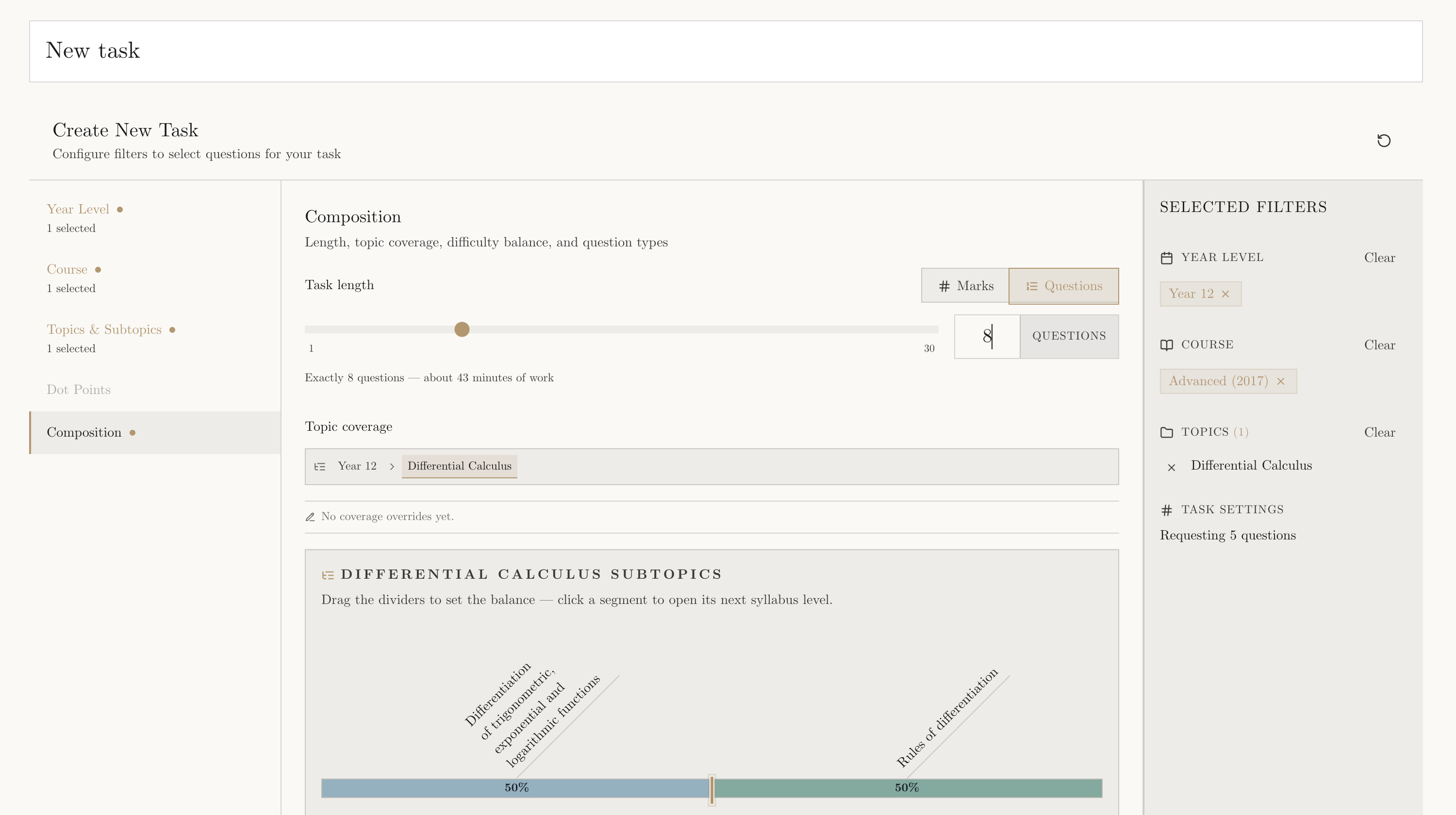 Light-mode worksheet Composition panel with Questions selected, an eight-question length, topic coverage, and selected filters