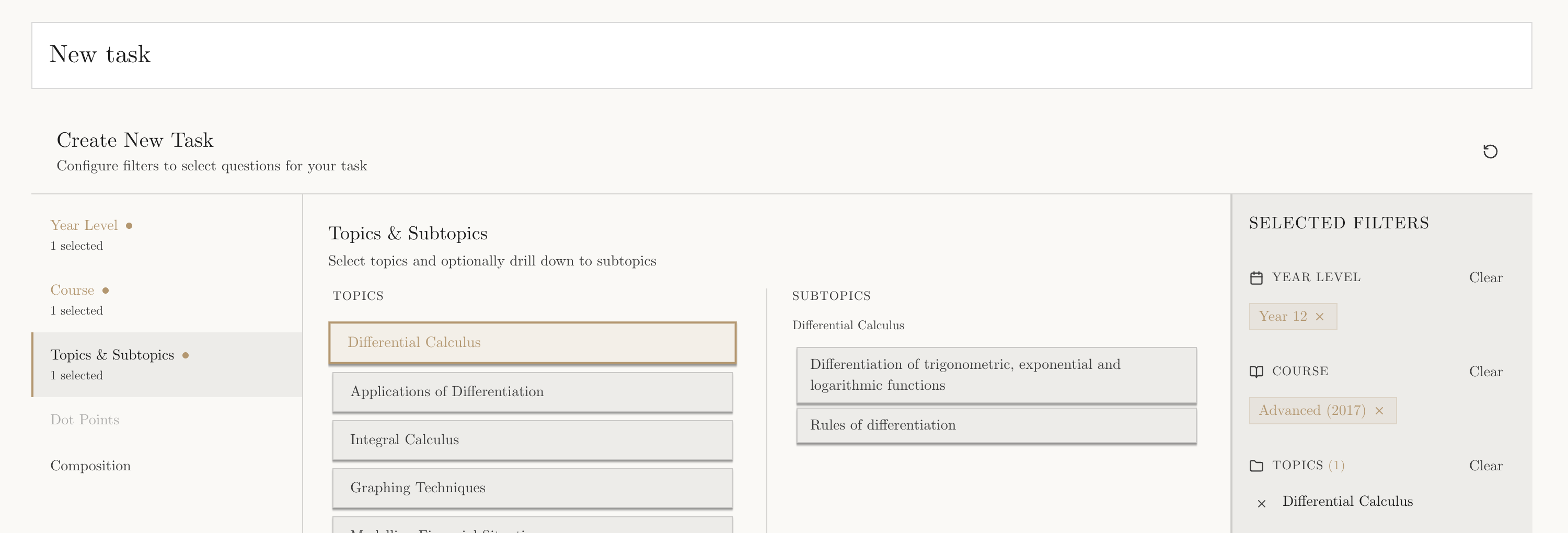 Light-mode worksheet builder showing Year Level, Course, Topics and Subtopics, and the selected filters summary