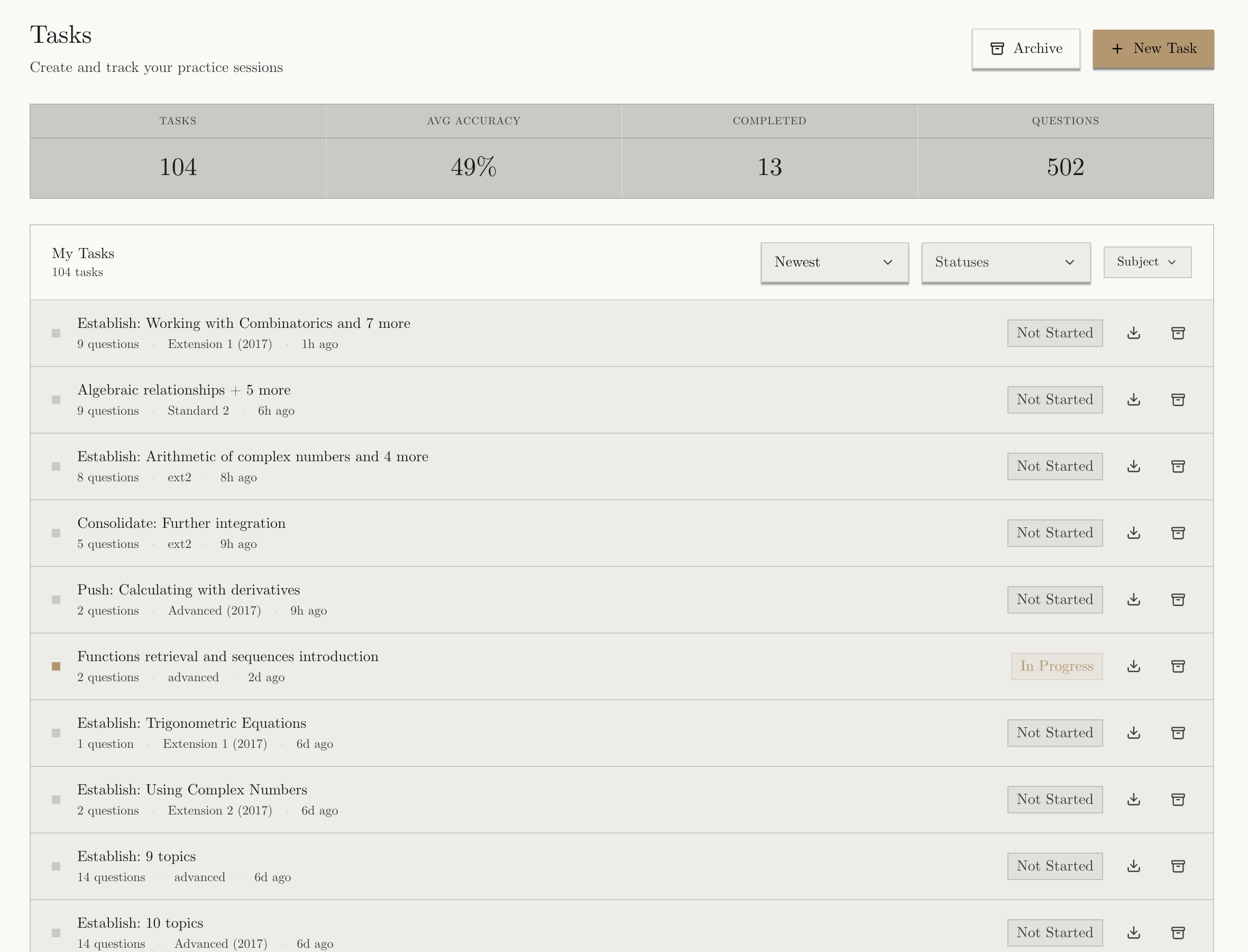 Light-mode Tasks page with the New Task button, task totals, and existing worksheet rows